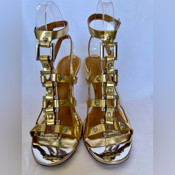 TORY BURCH FRANCESCA GLADIATOR STRAPPY HIGH HEELED SANDALS. GOLD. SIZE 6.5 - Picture 2 of 11